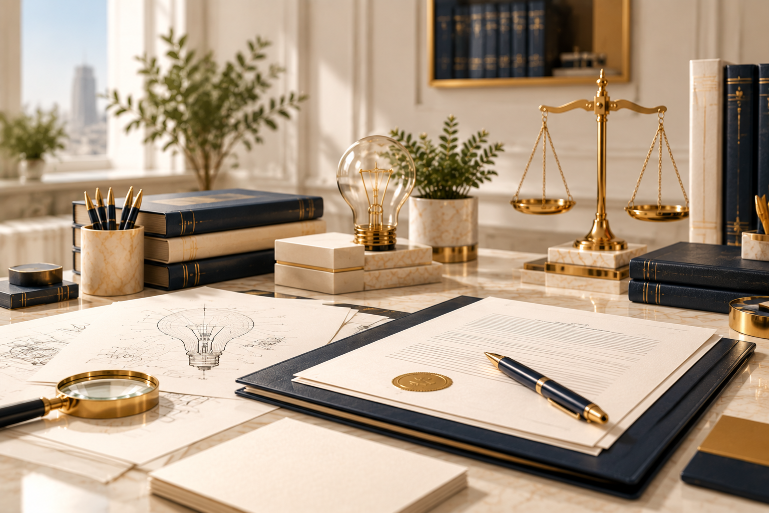 Professional intellectual property lawyer services workspace with patent and trademark documents