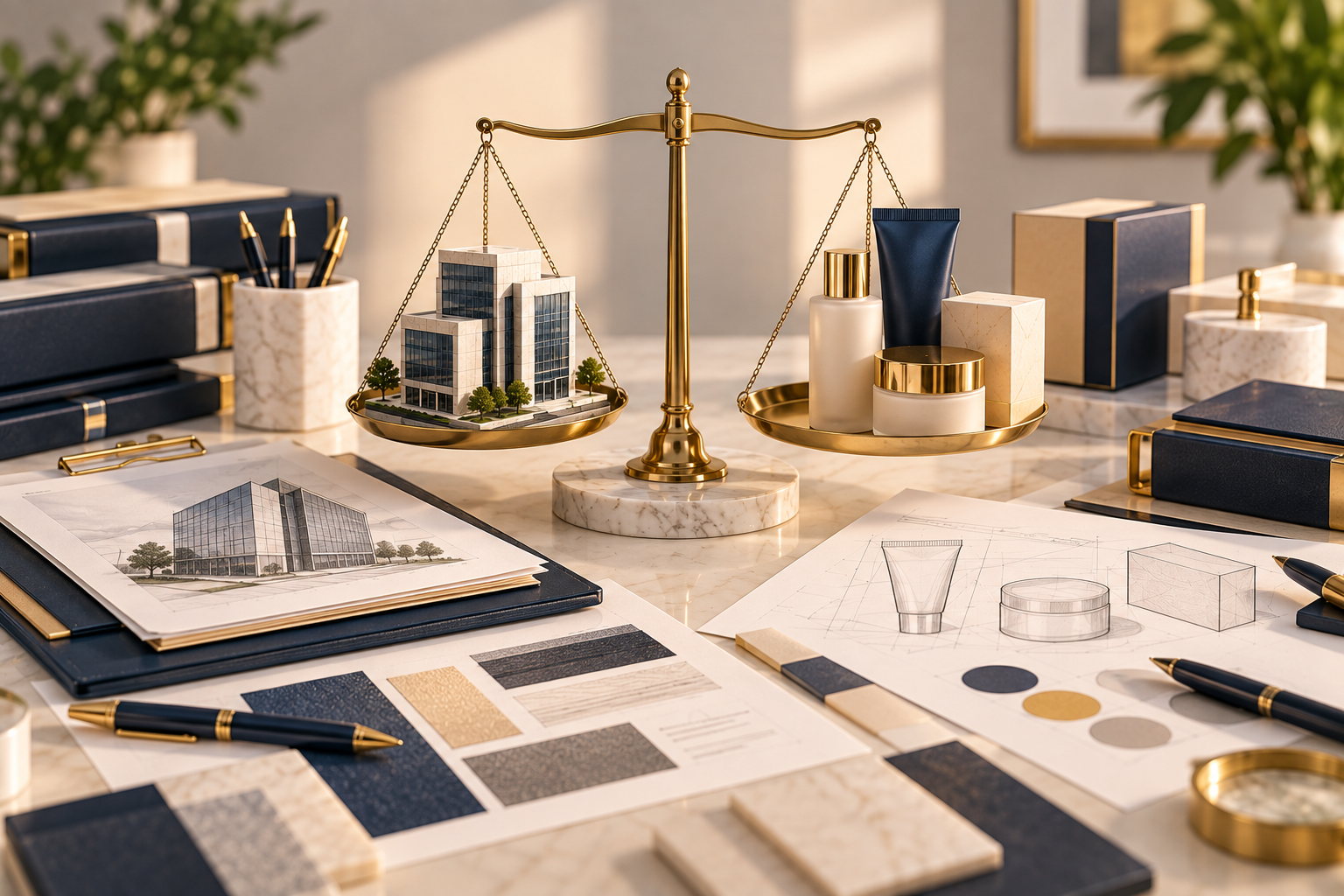 Trade name and trademark comparison workspace with business identity and intellectual property materials