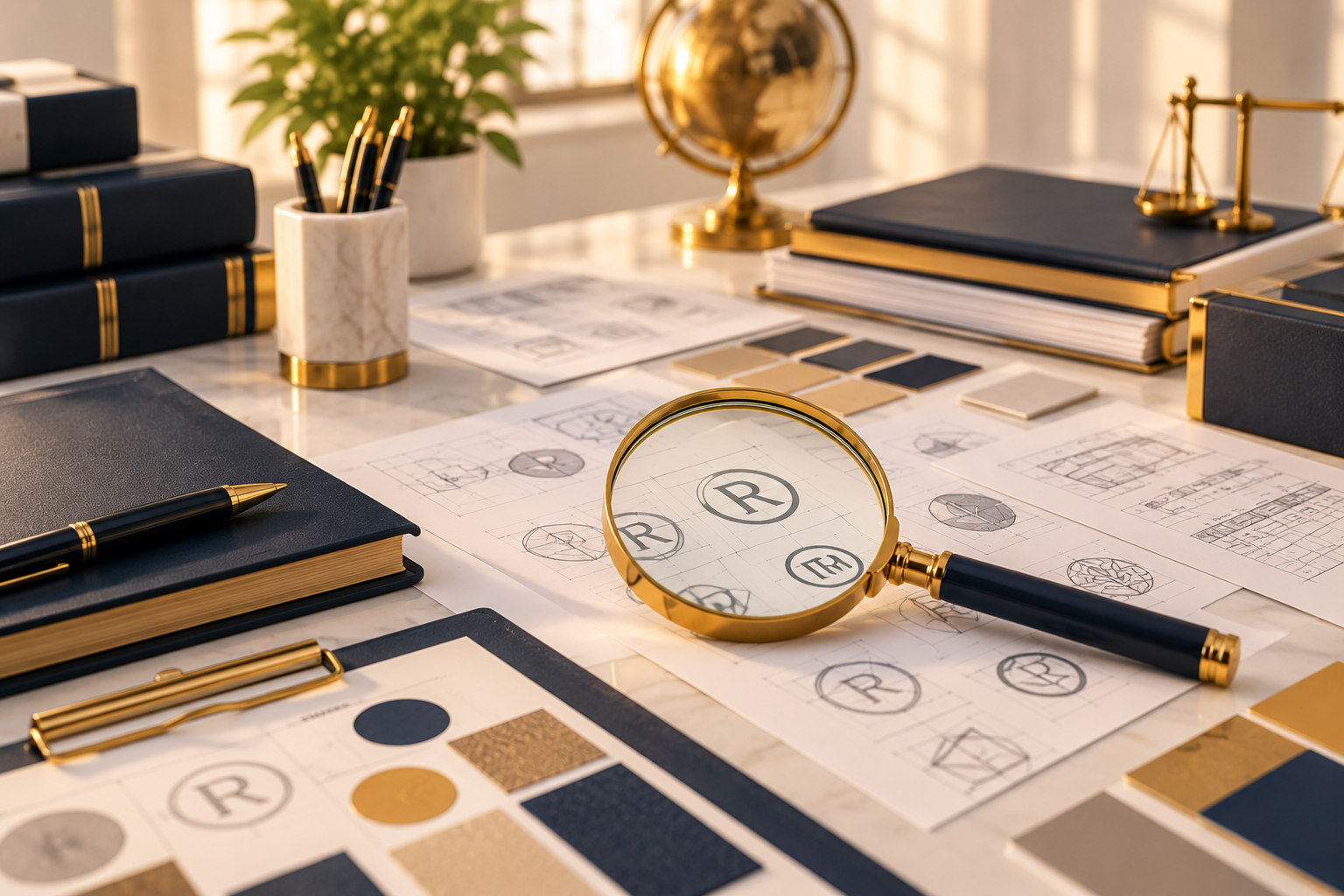Trademark analysis workspace showing trademark search documents and brand protection planning materials