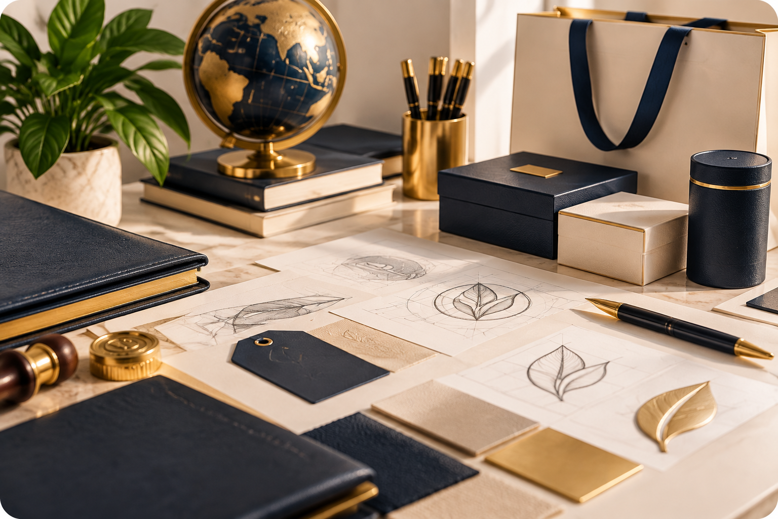 Trademark protection workspace showing brand identity materials, product packaging concepts, and intellectual property documents