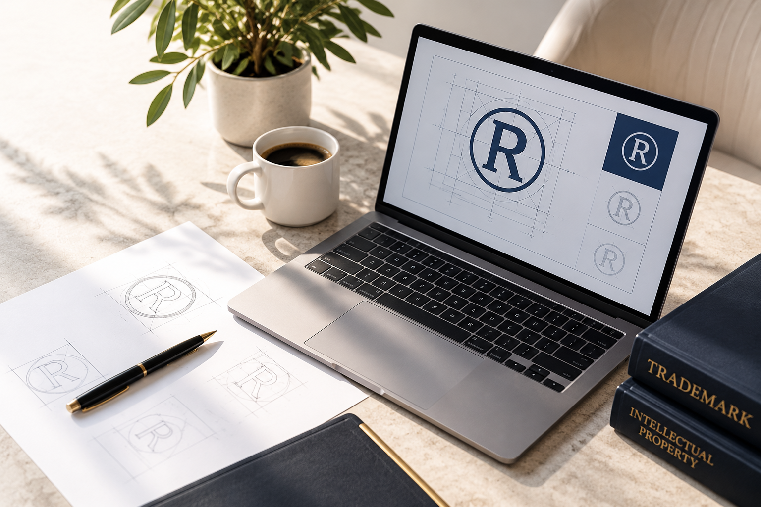 Trademark registration strategy workspace showing intellectual property documents, brand materials, and trademark protection planning