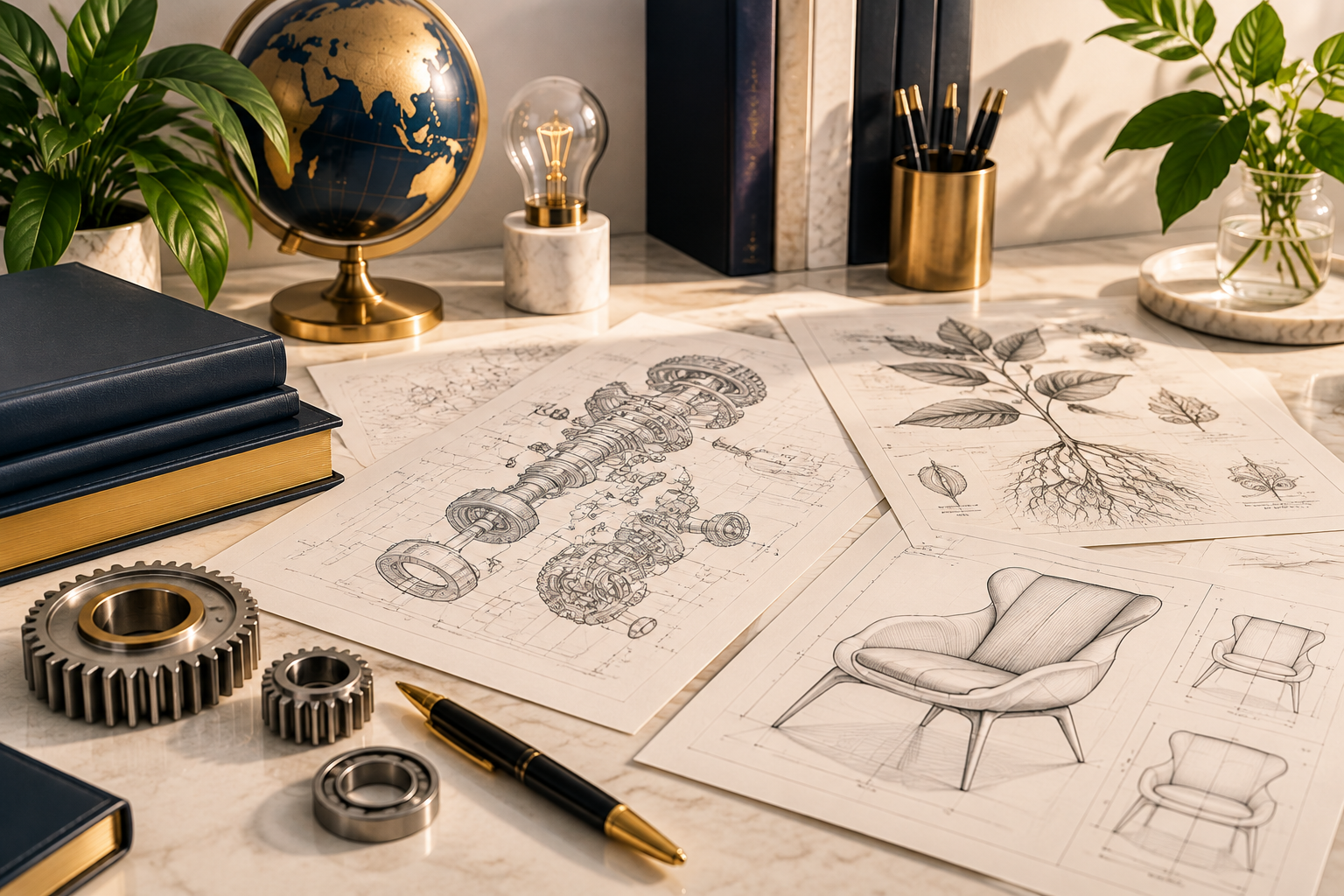 Patent protection concept image showing engineering drawings, product design sketches, mechanical components, and plant innovation materials