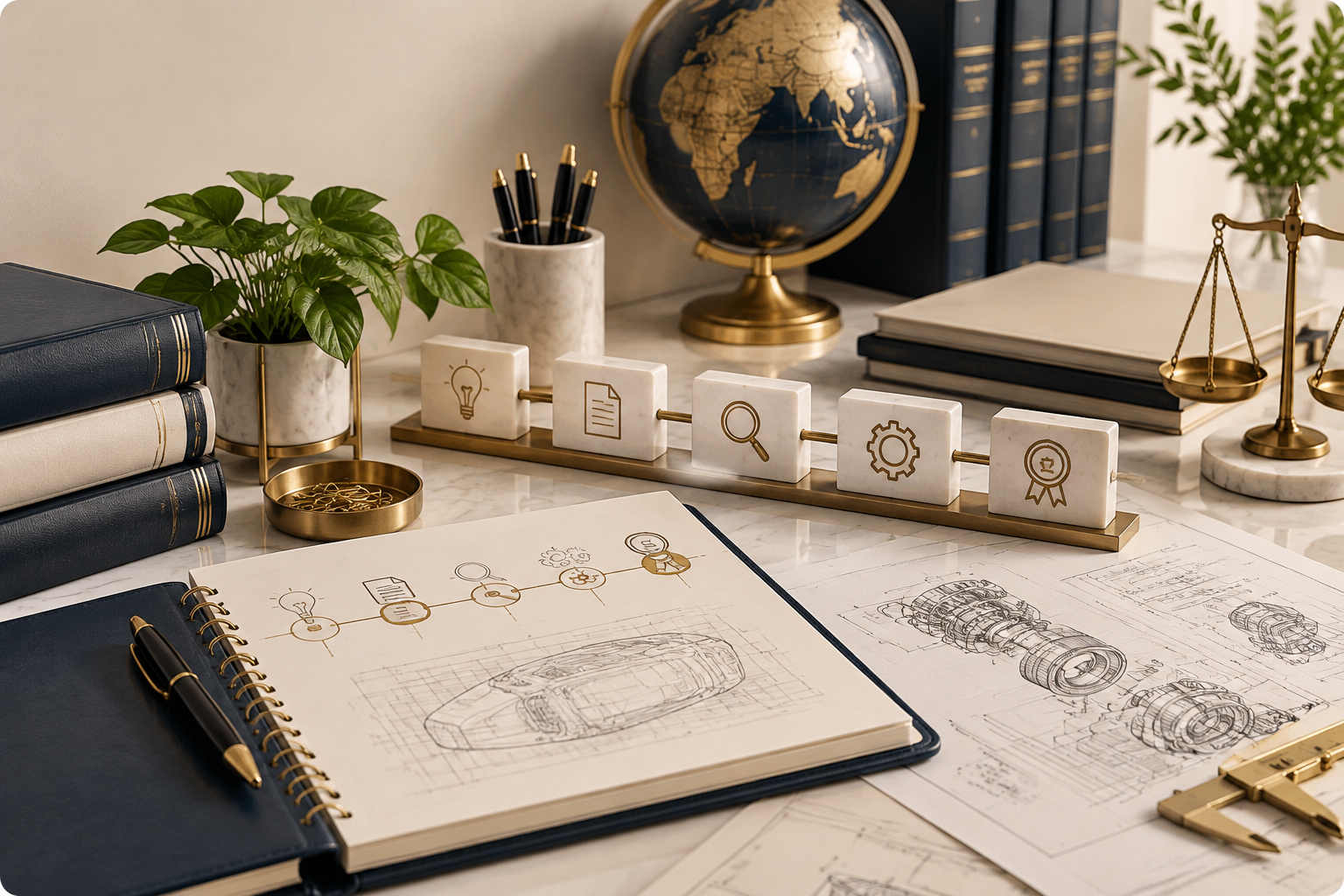 Professional patent roadmap workspace showing patent documents, engineering drawings, planning notes, and intellectual property protection strategy