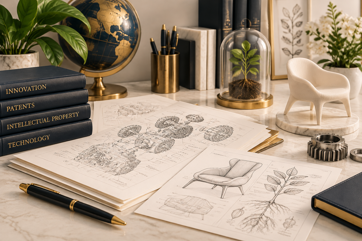 Professional patent workspace showing different types of patents including utility patent, design patent, and plant patent protection concepts